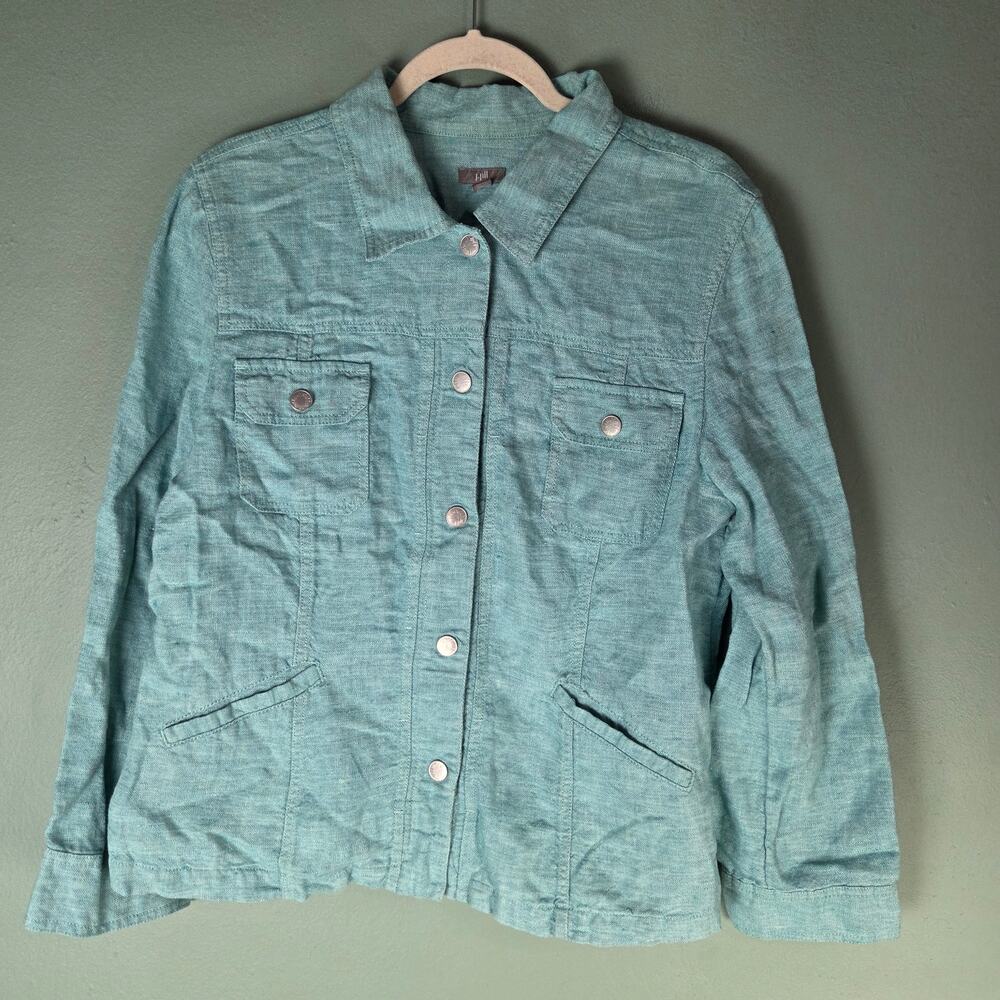 J Jill Womens Large Linen Button Up Utility Jacket Turquoise Lightweight Coastal
